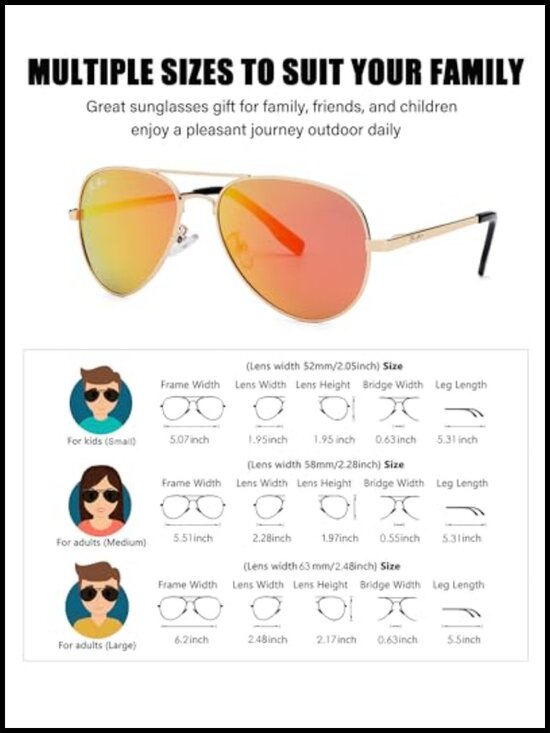 Classic Aviator Polarized Sunglasses 100% UV Protection 52mm 58mm 63mm